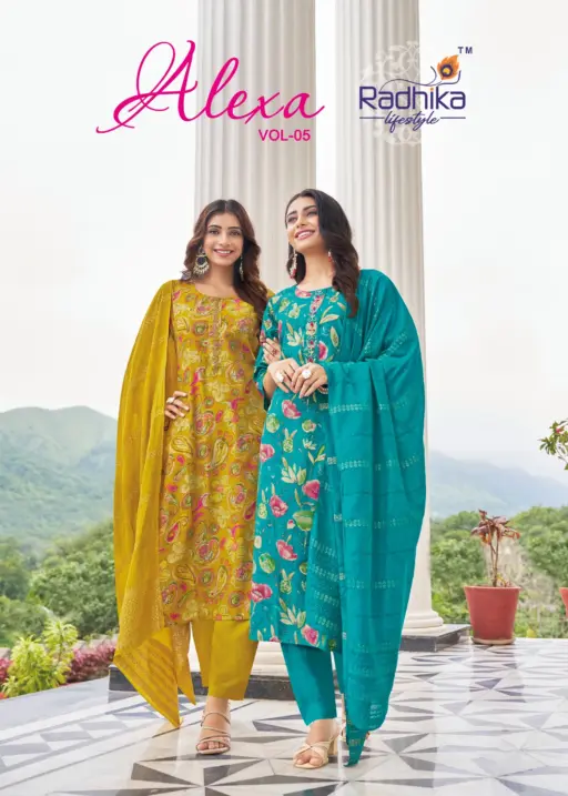 Radhika Alexa Vol 5 Vertican Silk Foil Print Wholesale Kurti Pant and Dupatta Collection