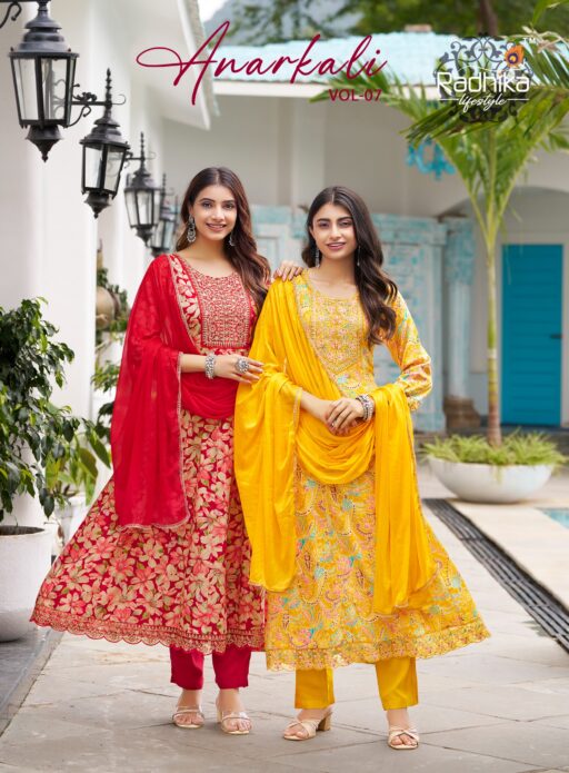 Radhika Anarkali Vol 7 Rayon Foil Print Wholesale Kurti Pant and Dupatta Collection