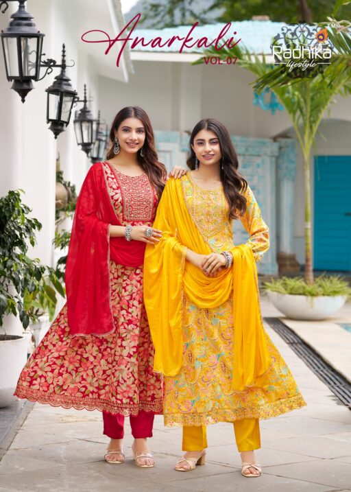 Radhika Anarkali Vol 7 Rayon Foil Print Wholesale Kurti Pant and Dupatta Collection