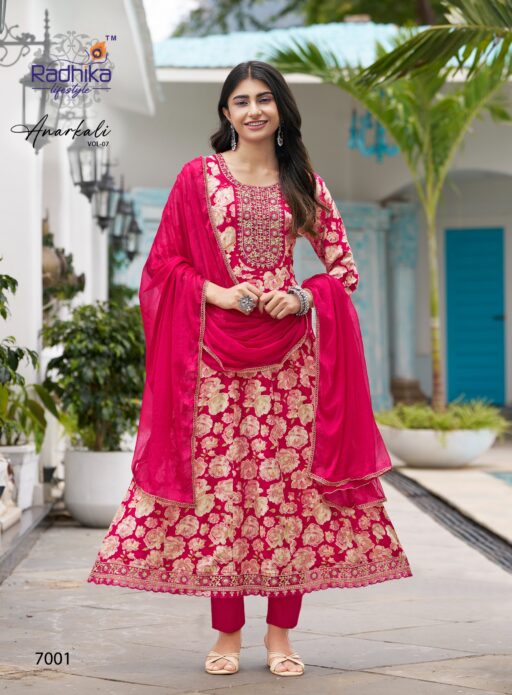 Radhika Anarkali Vol 7 Rayon Foil Print Wholesale Kurti Pant and Dupatta Collection - Image 3
