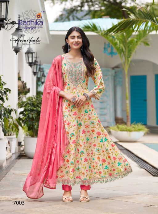 Radhika Anarkali Vol 7 Rayon Foil Print Wholesale Kurti Pant and Dupatta Collection - Image 4