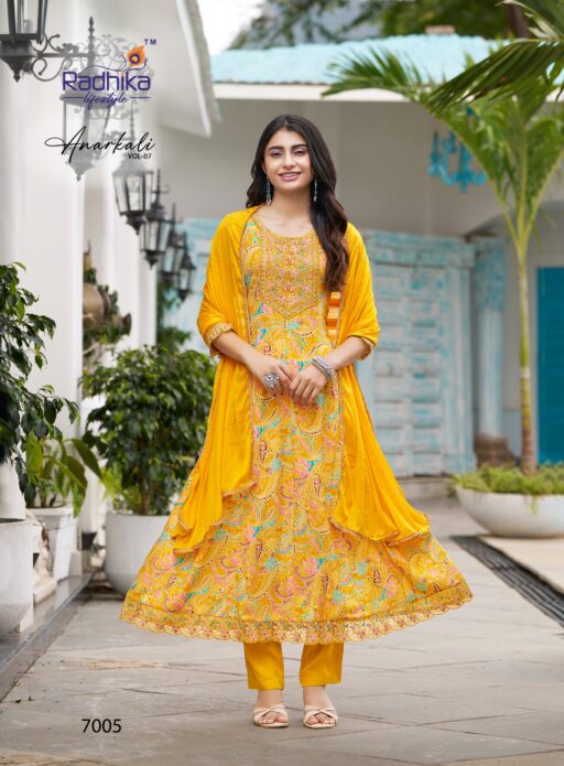 Radhika Anarkali Vol 7 Rayon Foil Print Wholesale Kurti Pant and Dupatta Collection - Image 7