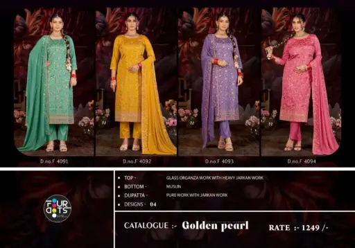 Fourdots Golden Pearl Glass Organza Work Wholesale Designer Dress Material Collection - Image 6