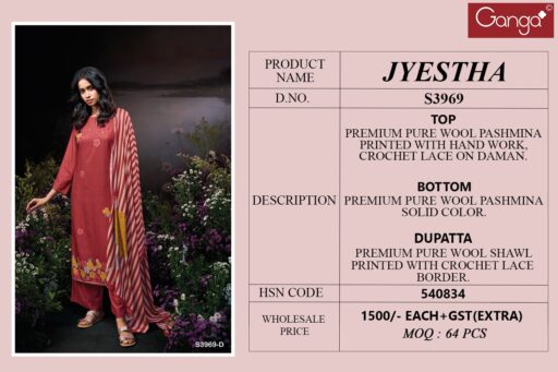 Ganga Jyestha 3969 Pashmina Printed Handwork Wholesale Winter Wear Suit Collection - Image 6