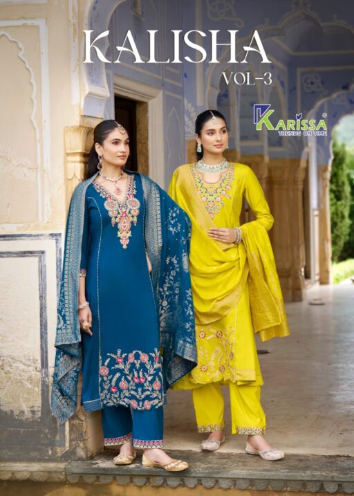 Karissa Kalisha Vol 3 Viscose Roman Silk Handwork Wholesale Kurti Pant and Dupatta Collection