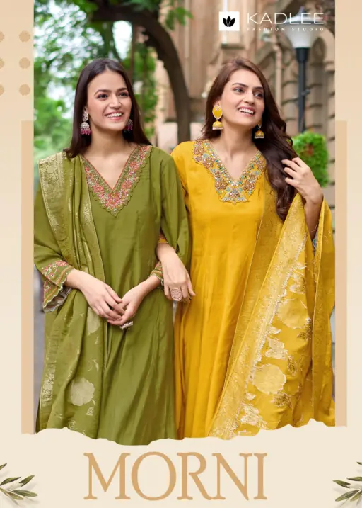 Kadlee Morni Mull Chanderi Thread Work Wholesale Kurti Pant and Dupatta Collection