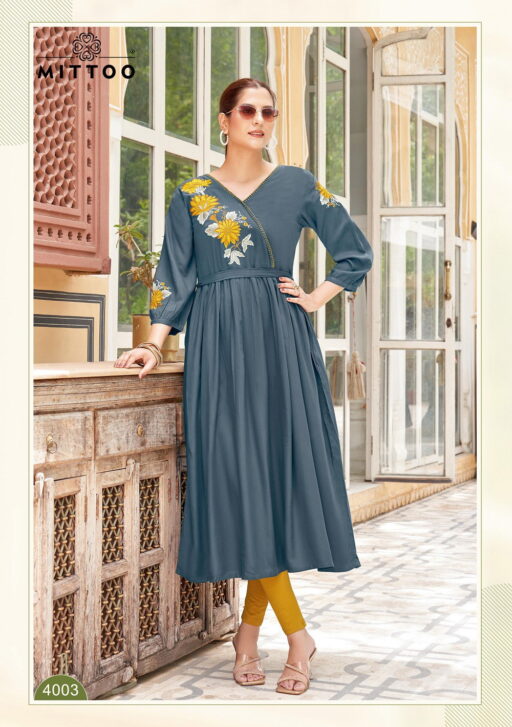 Mittoo Nora Rayon Thread Work Stylish Wholesale Kurti Collection - Image 2