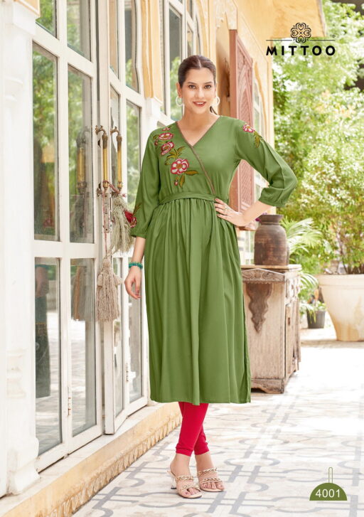 Mittoo Nora Rayon Thread Work Stylish Wholesale Kurti Collection - Image 3