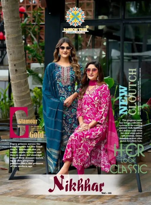 Passion Tree Nikhaar Vol 3 Rayon Print Wholesale Kurti Pant and Dupatta Collection