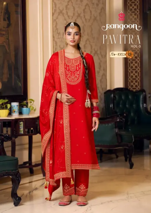 Rangoon Pavitra Vol 3 Silk Fancy Work Wholesale Kurti Pant and Dupatta Collection - Image 2