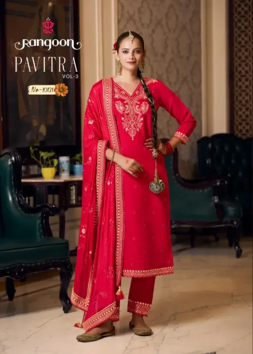 Rangoon Pavitra Vol 3 Silk Fancy Work Wholesale Kurti Pant and Dupatta Collection