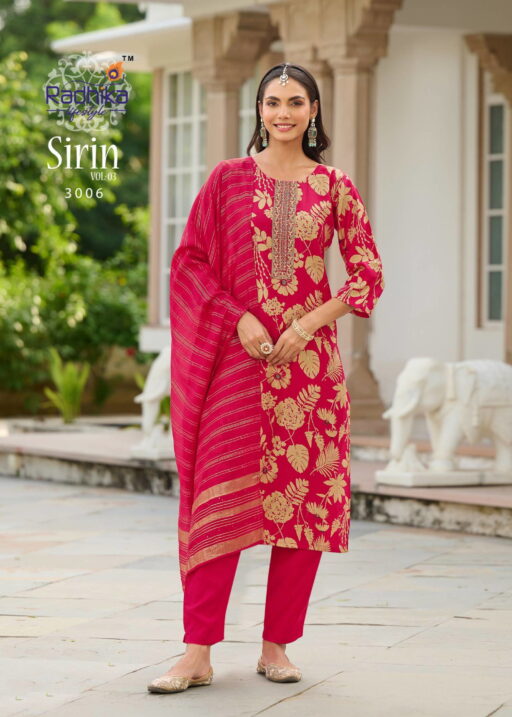 Radhika Sirin Vol 3 Vertican Foil Print Embroidery Wholesale Kurti Pant Dupatta Collection