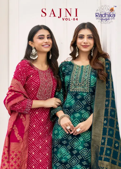 Radhika Sajni Vol 4 Rayon Print Embroidery Work Wholesale Kurti Pant and Dupatta Collection