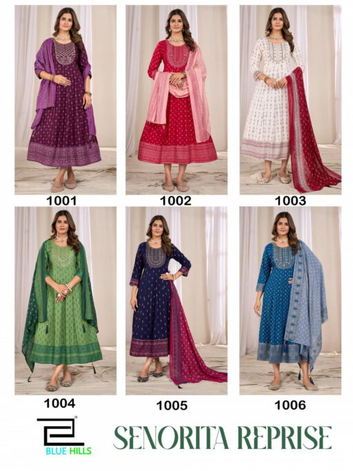 Blue Hills Senorita Reprise Rayon Printed Wholesale Anarkali Gown with Dupatta Collection - Image 8
