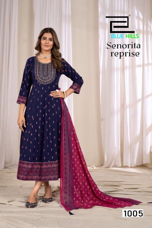 Blue Hills Senorita Reprise Rayon Printed Wholesale Anarkali Gown with Dupatta Collection - Image 7