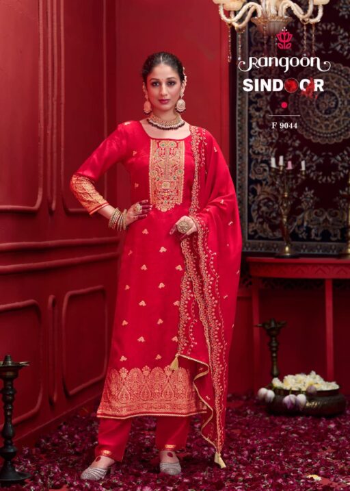 Rangoon Sindoor Dola with Khatli Work Wholesale Kurti Pant and Dupatta Collection
