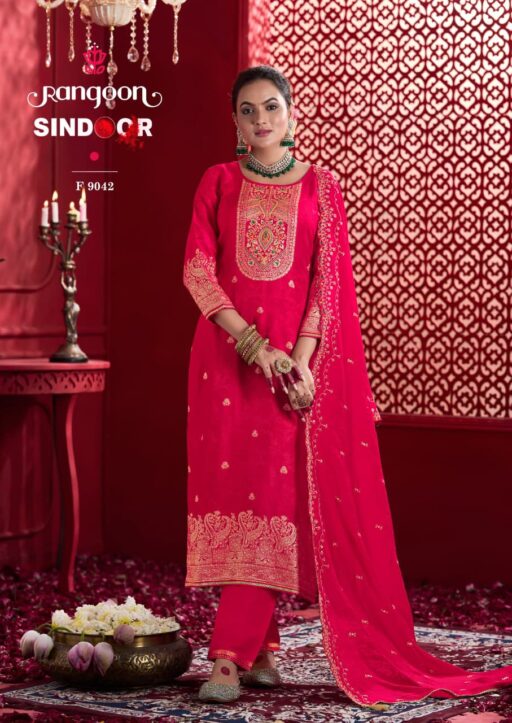 Rangoon Sindoor Dola with Khatli Work Wholesale Kurti Pant and Dupatta Collection - Image 4