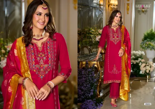 Lily And Lali Sitara Viscose Fancy Embroidery Work Wholesale Kurti Pant and Dupatta Collection - Image 4
