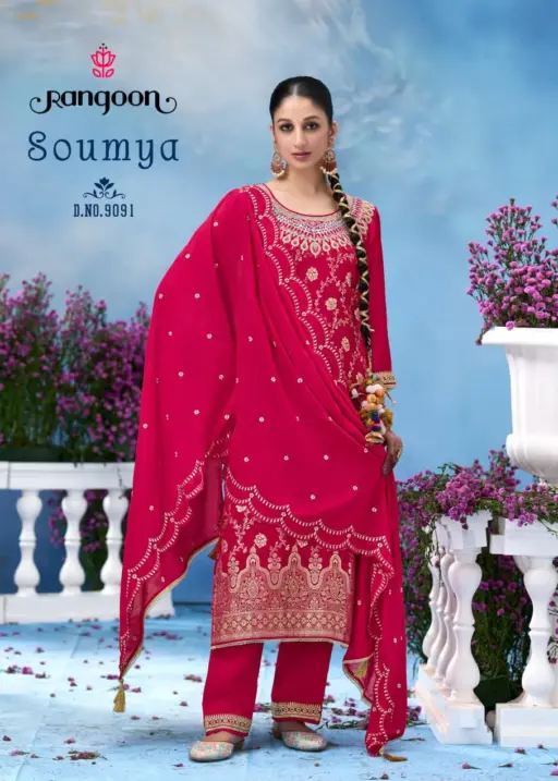 Rangoon Soumya Russian Fancy Work Wholesale Kurti Pant and Dupatta Collection