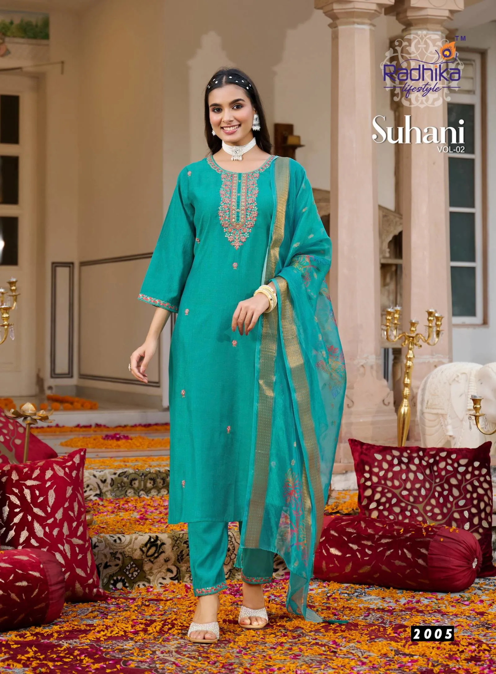 Radhika Suhani Vol 2 Vertican Silk Embroidery Work Wholesale Kurti Pant and Dupatta Collection - Image 6