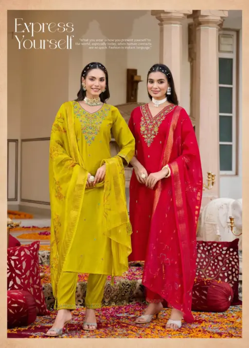 Radhika Suhani Vol 2 Vertican Silk Embroidery Work Wholesale Kurti Pant and Dupatta Collection