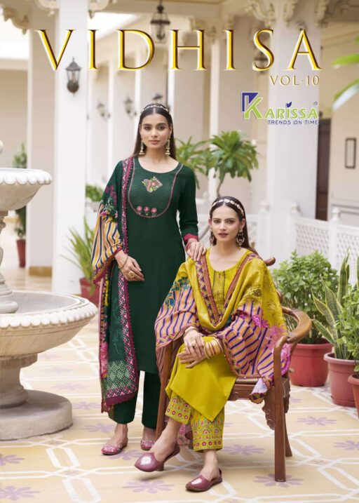 Karissa Vidhisa Vol 10 Rayon Thread work Wholesale Kurti Pant and Dupatta Collection