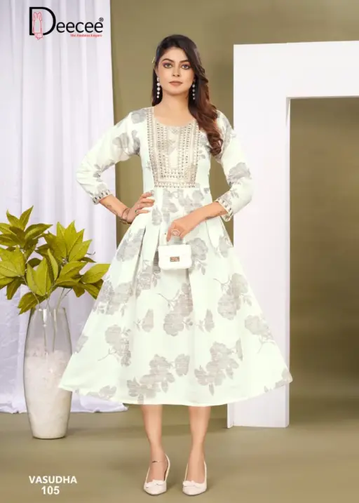 Deecee Vasudha Roman Foil Printed Wholesale Flared Kurtis Collection