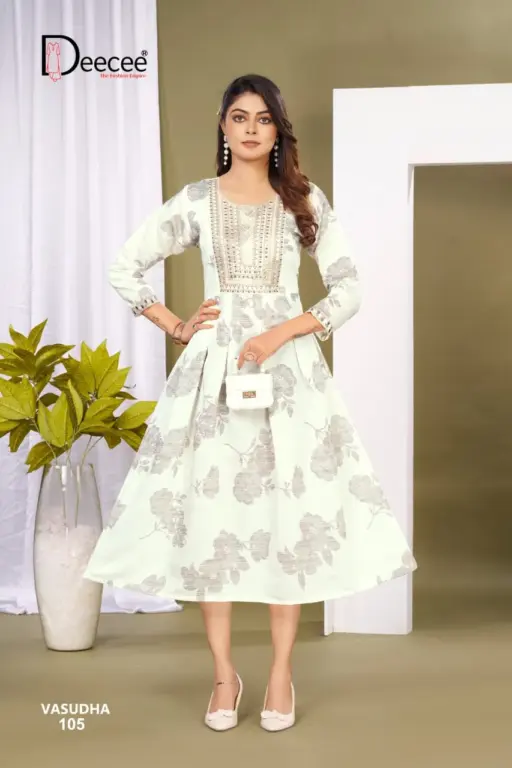 Deecee Vasudha Roman Foil Printed Wholesale Flared Kurtis Collection