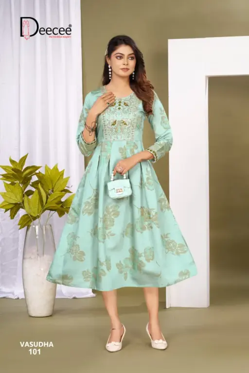 Deecee Vasudha Roman Foil Printed Wholesale Flared Kurtis Collection - Image 4