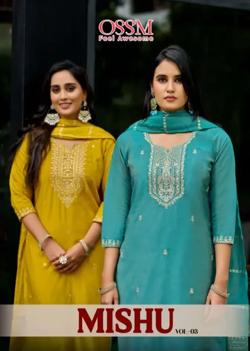 Ossm Mishu Vol 3 Roman Simmer Embroidery Kurti Pant and Dupatta Collection