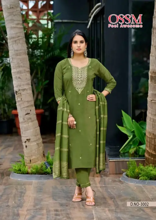 Ossm Mishu Vol 3 Roman Simmer Embroidery Kurti Pant and Dupatta Collection - Image 2