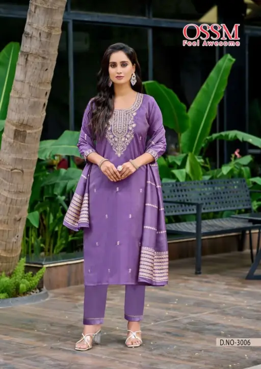 Ossm Mishu Vol 3 Roman Simmer Embroidery Kurti Pant and Dupatta Collection - Image 4