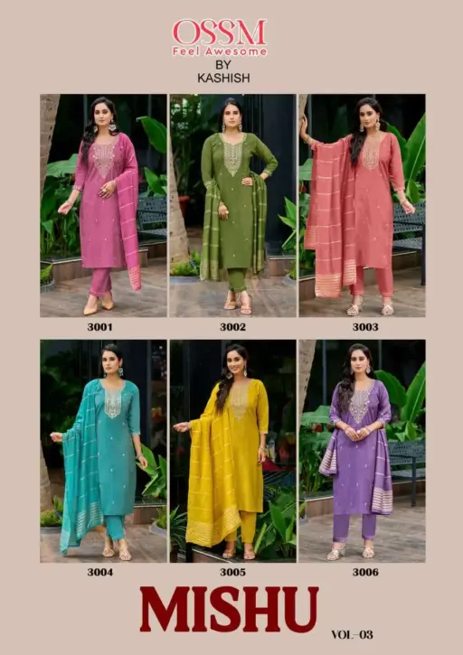 Ossm Mishu Vol 3 Roman Simmer Embroidery Kurti Pant and Dupatta Collection - Image 8