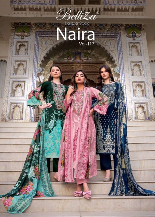 Belliza Designer Naira Vol 117 Pure Cotton Wholesale Fancy Work Suit Collection