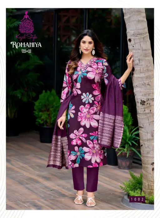 Romaniya Vol 1 By Kajal Style Vertican Embroidery Work Wholesale Kurti Pant and Dupatta Collection - Image 2