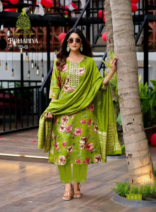 Romaniya Vol 1 By Kajal Style Vertican Embroidery Work Wholesale Kurti Pant and Dupatta Collection
