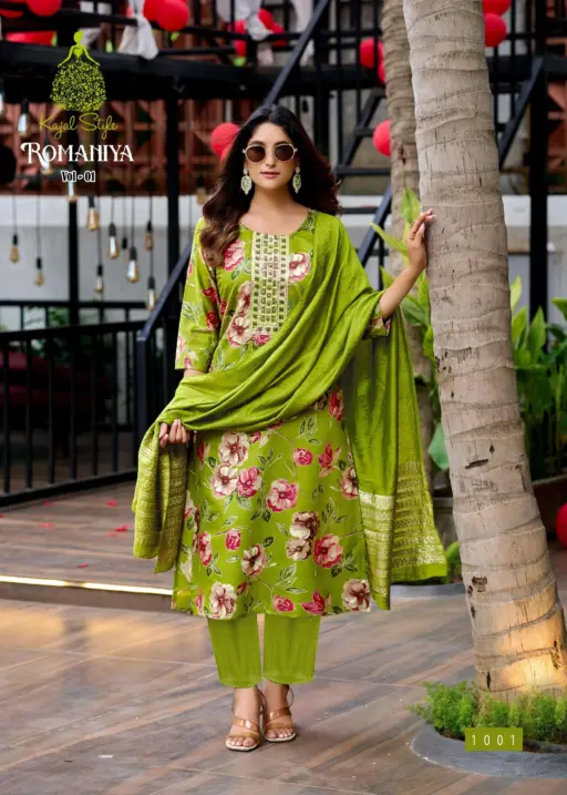 Romaniya Vol 1 By Kajal Style Vertican Embroidery Work Wholesale Kurti Pant and Dupatta Collection