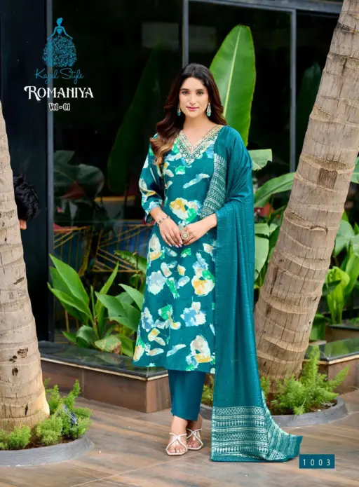 Romaniya Vol 1 By Kajal Style Vertican Embroidery Work Wholesale Kurti Pant and Dupatta Collection - Image 3