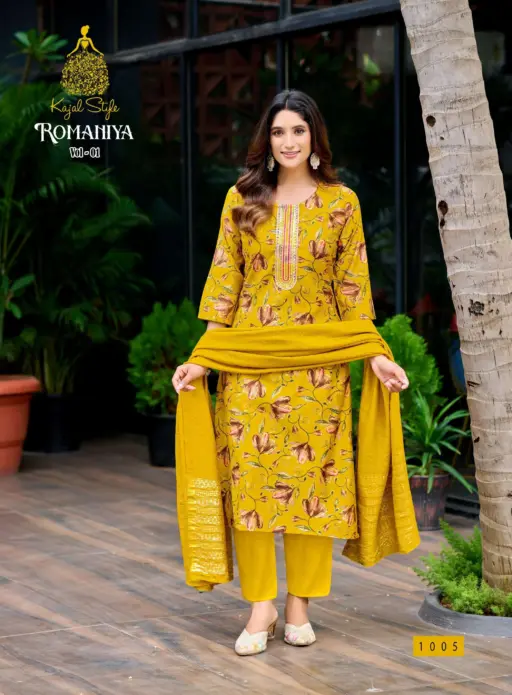 Romaniya Vol 1 By Kajal Style Vertican Embroidery Work Wholesale Kurti Pant and Dupatta Collection - Image 4