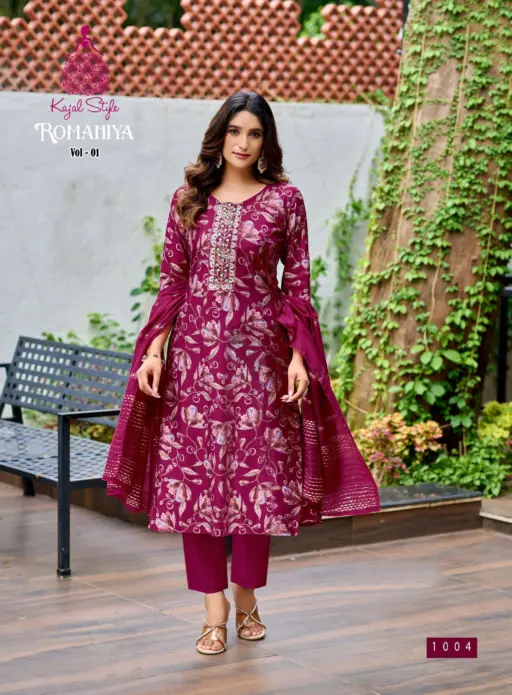 Romaniya Vol 1 By Kajal Style Vertican Embroidery Work Wholesale Kurti Pant and Dupatta Collection - Image 5