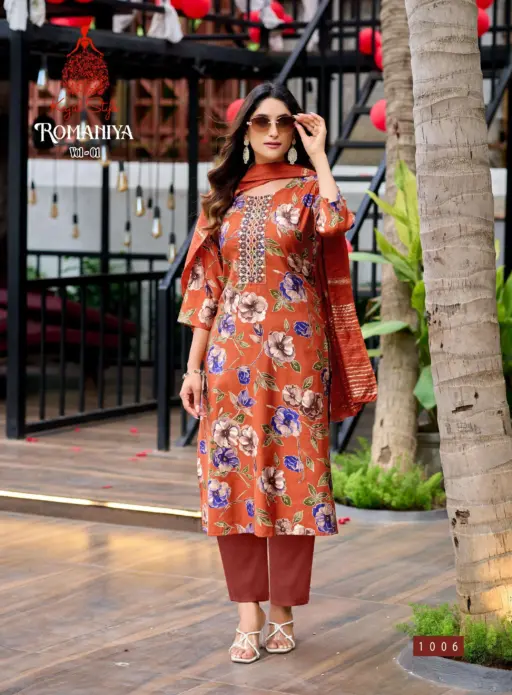 Romaniya Vol 1 By Kajal Style Vertican Embroidery Work Wholesale Kurti Pant and Dupatta Collection - Image 6