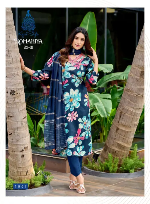 Romaniya Vol 1 By Kajal Style Vertican Embroidery Work Wholesale Kurti Pant and Dupatta Collection - Image 7