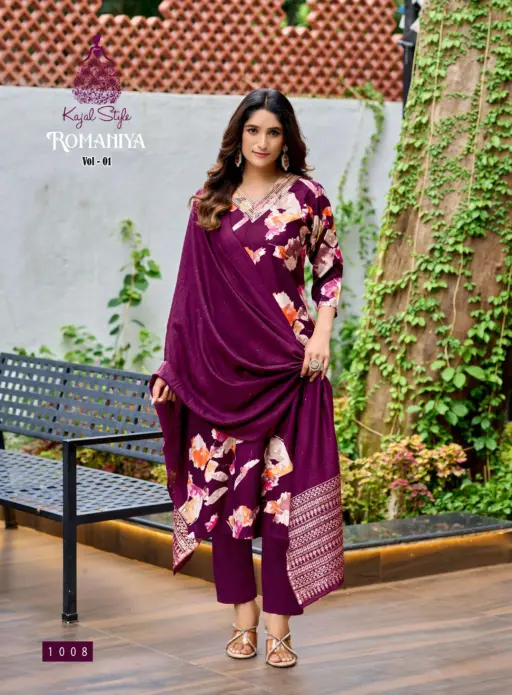 Romaniya Vol 1 By Kajal Style Vertican Embroidery Work Wholesale Kurti Pant and Dupatta Collection - Image 8