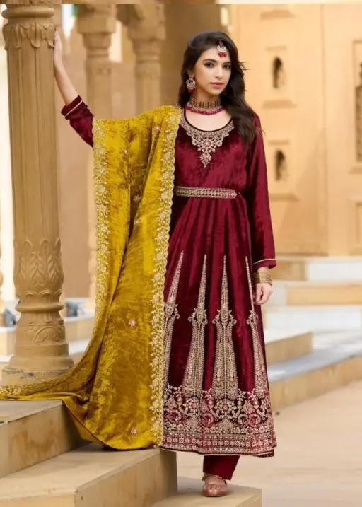 Four Dots Anarkali Viscose Makhmali Velvet Work Wholesale Winter Wear Suits Collection