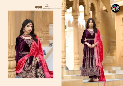 Four Dots Anarkali Viscose Makhmali Velvet Work Wholesale Winter Wear Suits Collection