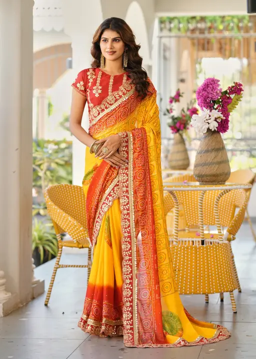 Jalnidhi Saloni Moss Chiffon with Fancy Bandhani Printed Saree Collection