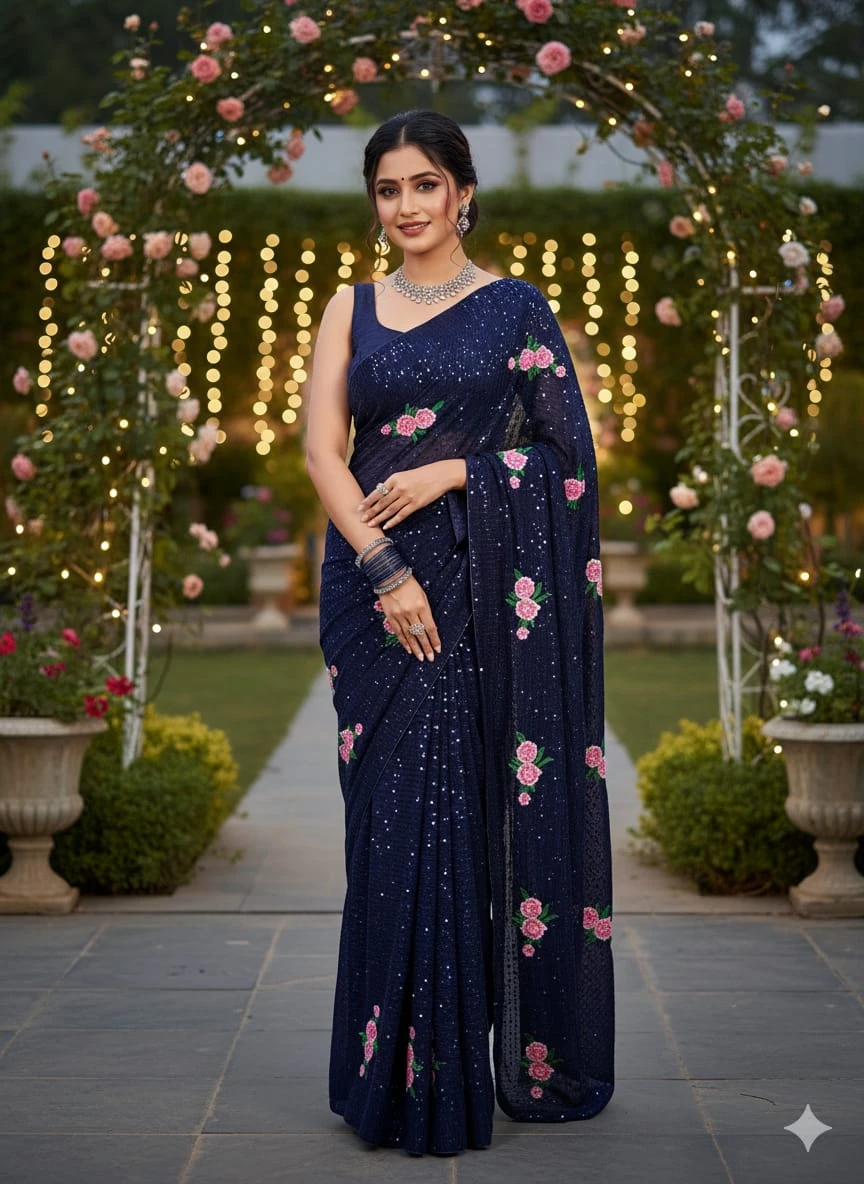 Kc 57 Georgette Multi Thread Sequence Worked Beautiful Saree Collection