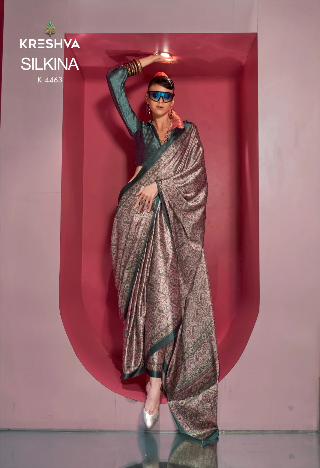 Kreshva Silkina Satin Kashmiri Prints Fancy Saree Collection