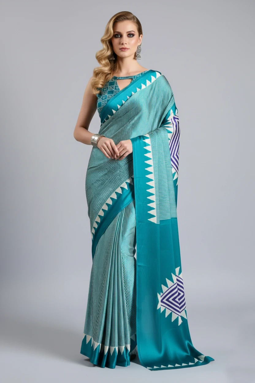 Sf Temple Japan Satin Ajrakh Printed Fancy Saree Collection