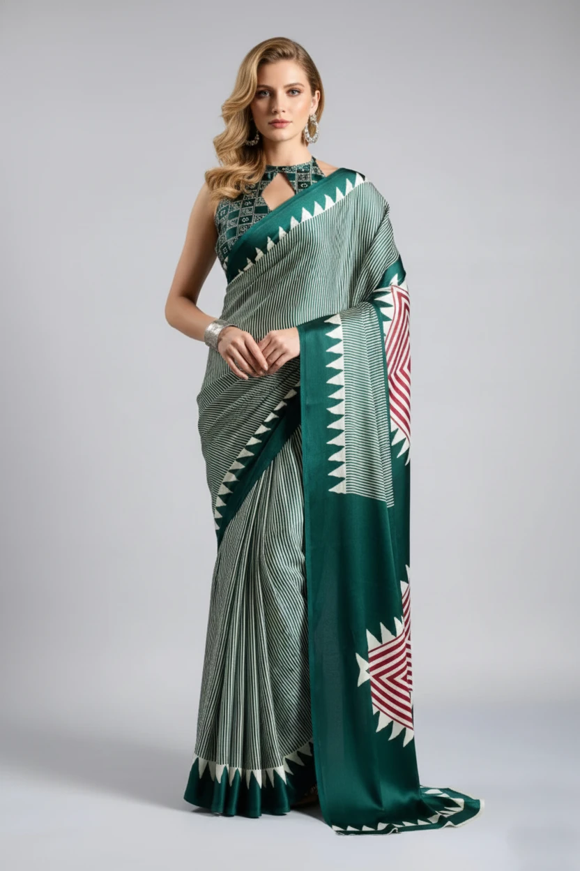 Sf Temple Japan Satin Ajrakh Printed Fancy Saree Collection